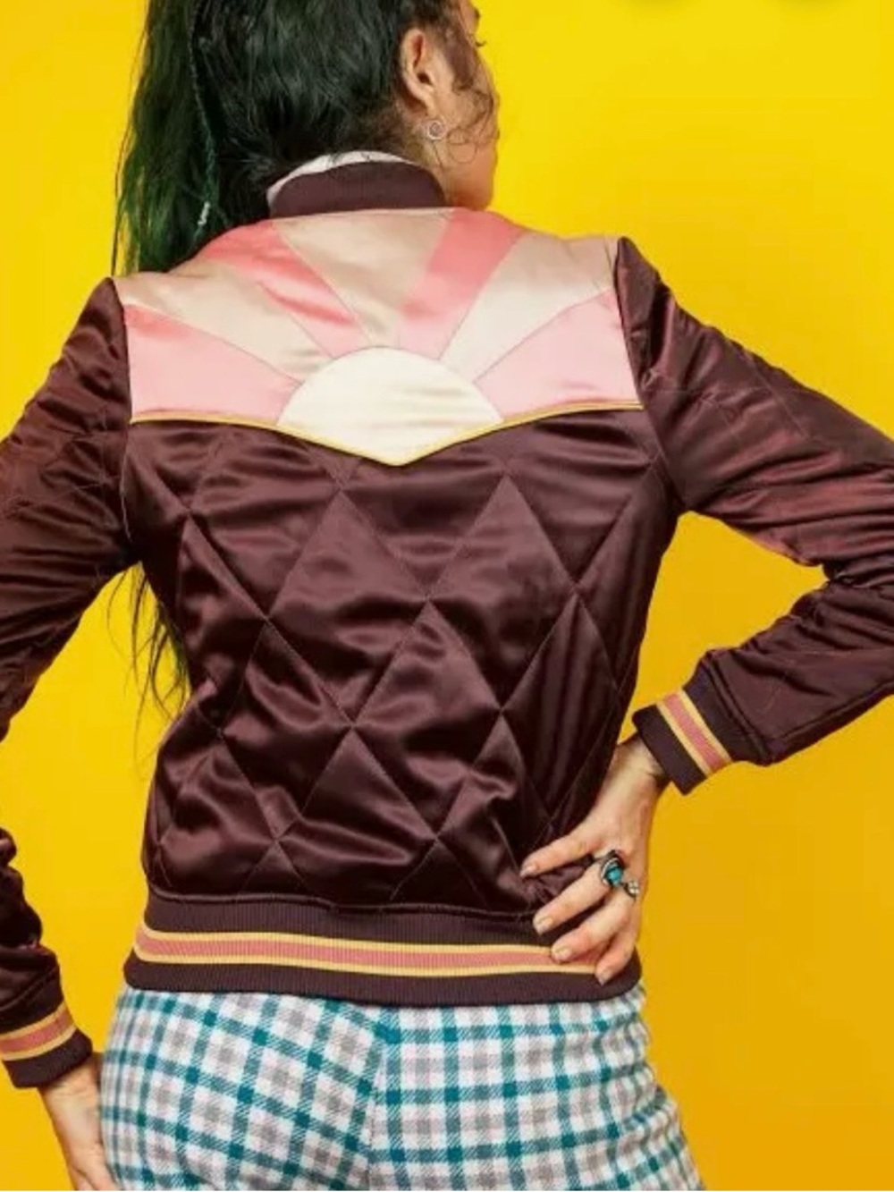 Maroon Satin Bomber Jacket with Pink & Cream Sunburst Detail